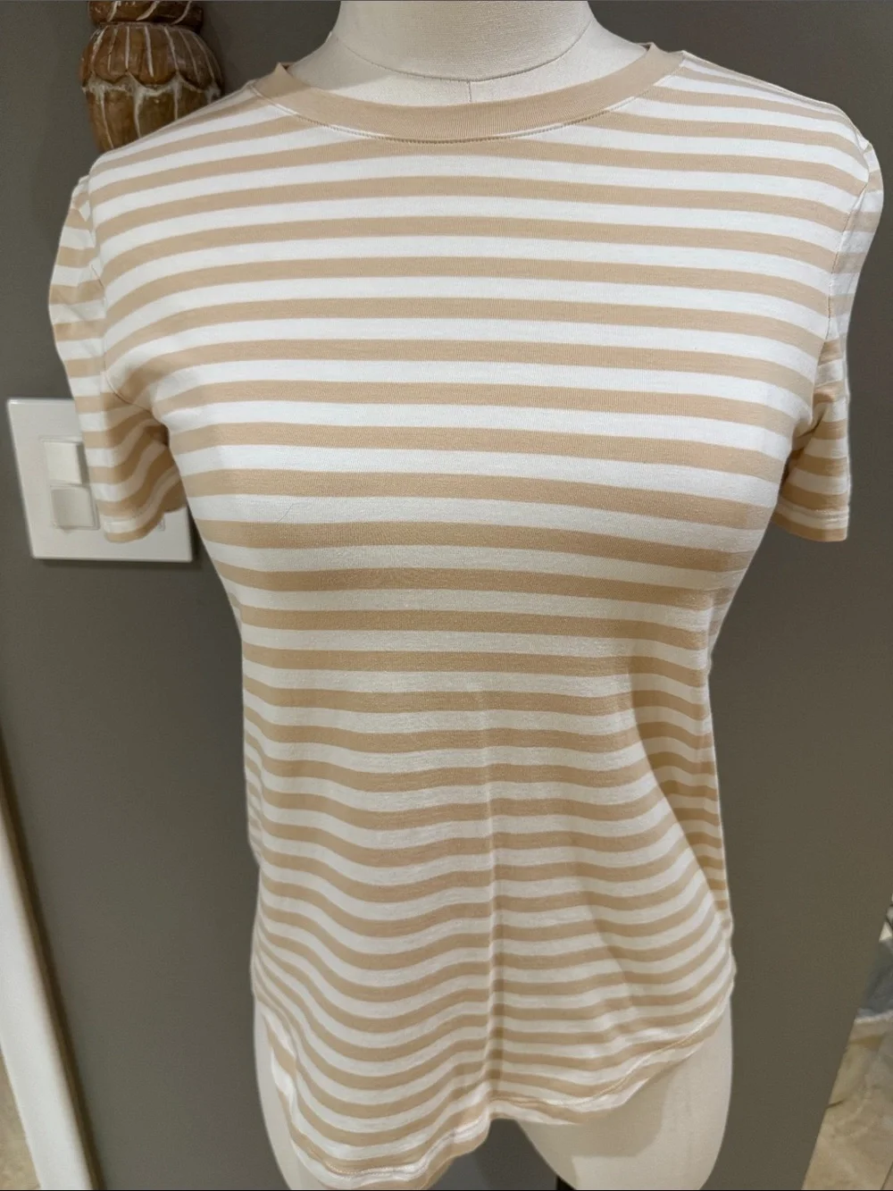 lululemon athletica Beige and White Striped Short Sleeve Crewneck Tee